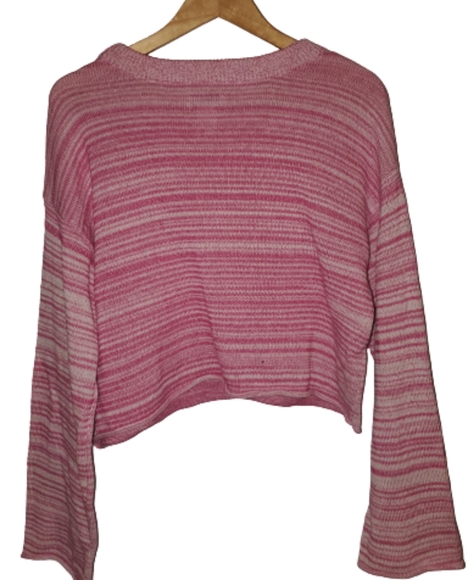 Vintage Crop Pink Striped Sweater W Bell Sleeve L - Picture 2 of 3